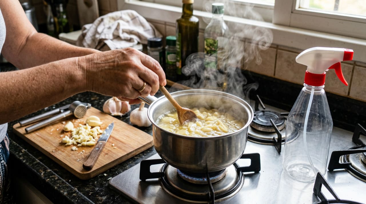 Preparar a solução de alho é rápido e não exige nenhum equipamento especial.