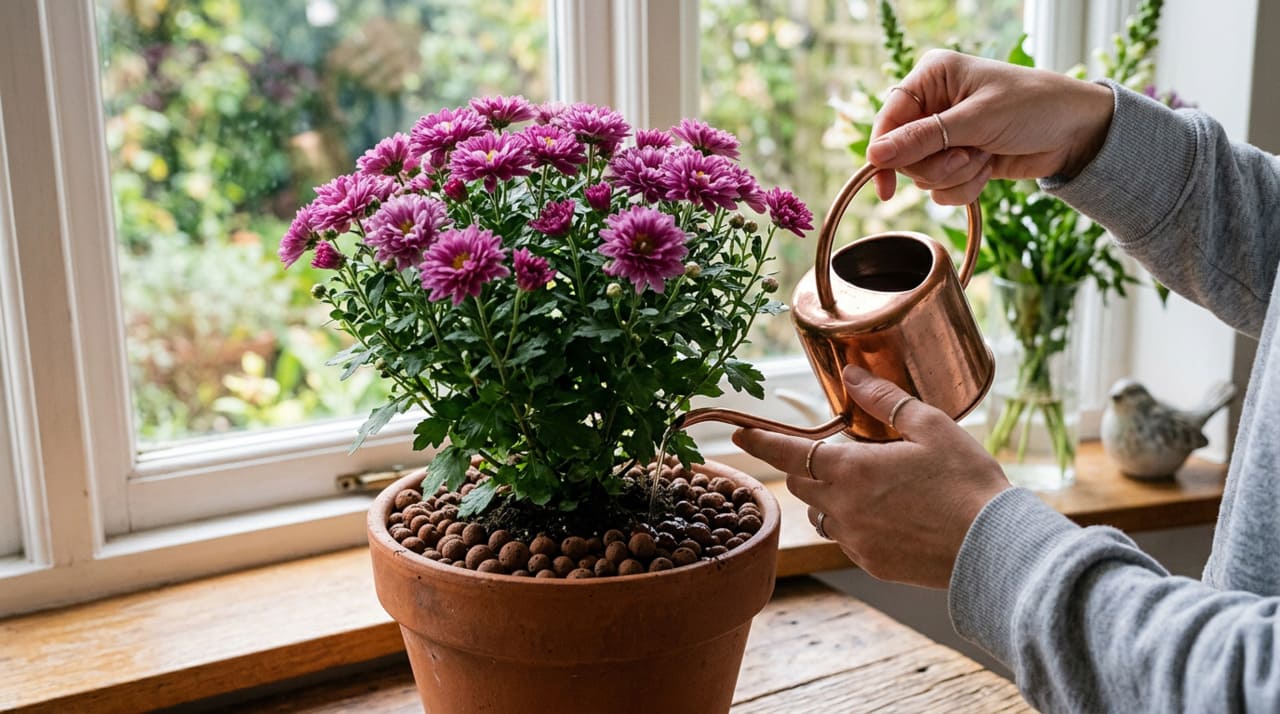 O cultivo em casa do crisântemo começa com a escolha do vaso e do substrato