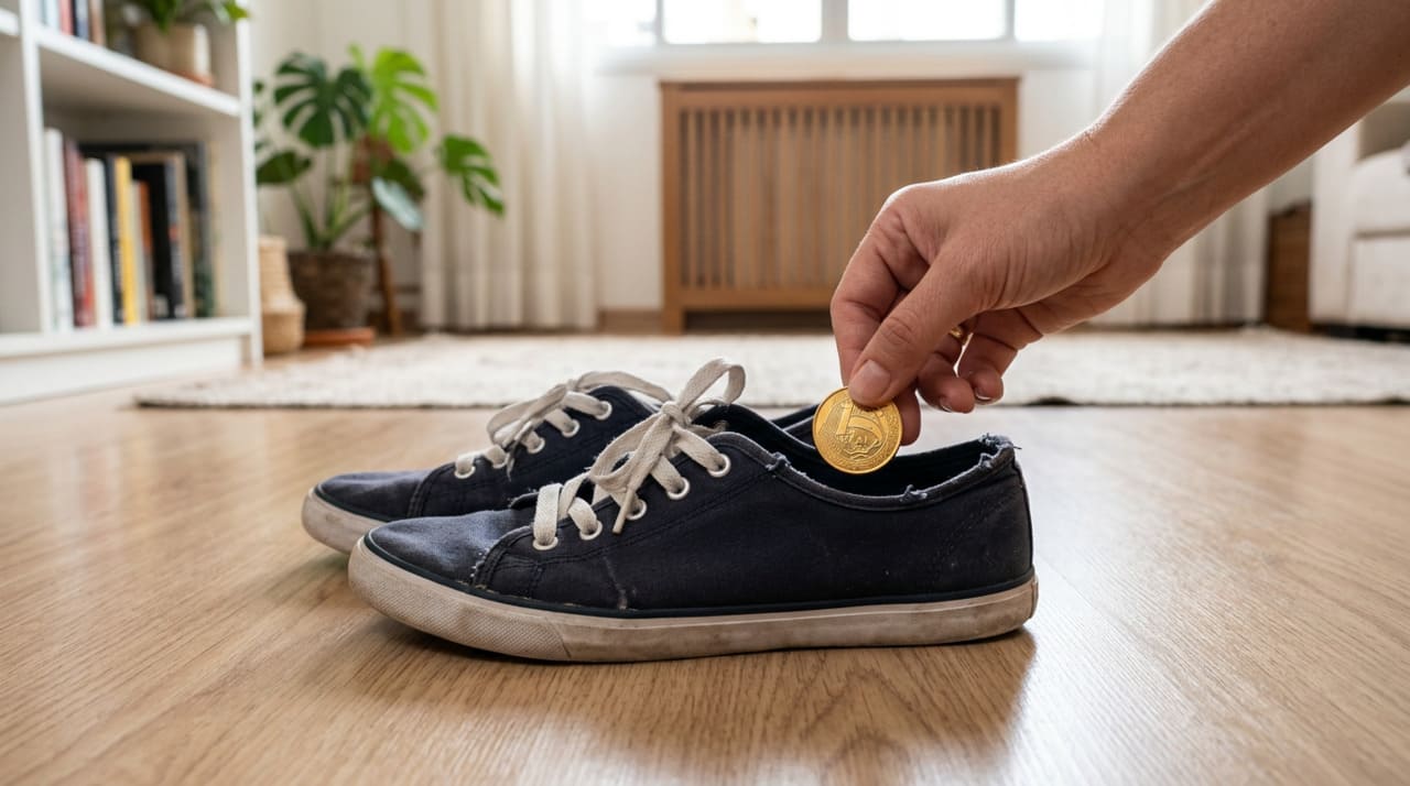Do ponto de vista das simpatias tradicionais, não há um único ritual oficial que determine colocar moeda dentro do calçado