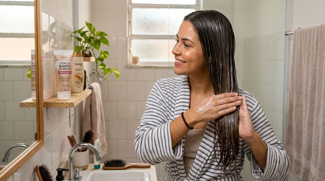O banho de brilho caseiro costuma combinar máscara de tratamento com um agente de brilho e reforços de cuidado