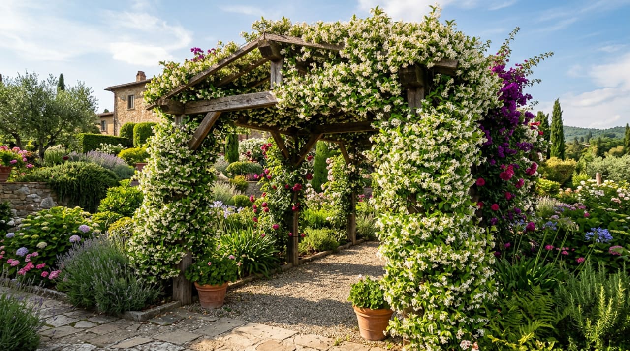 o jasmim-de-leite ocupa um lugar especial entre as plantas trepadeiras mais completas para quem quer cobrir paredes e cercas com sofisticação