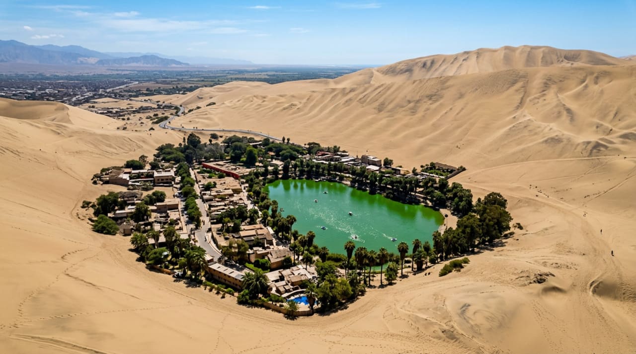 Huacachina, o oásis mais famoso da América do Sul: dunas gigantes, uma lagoa esmeralda e a lenda da sereia.