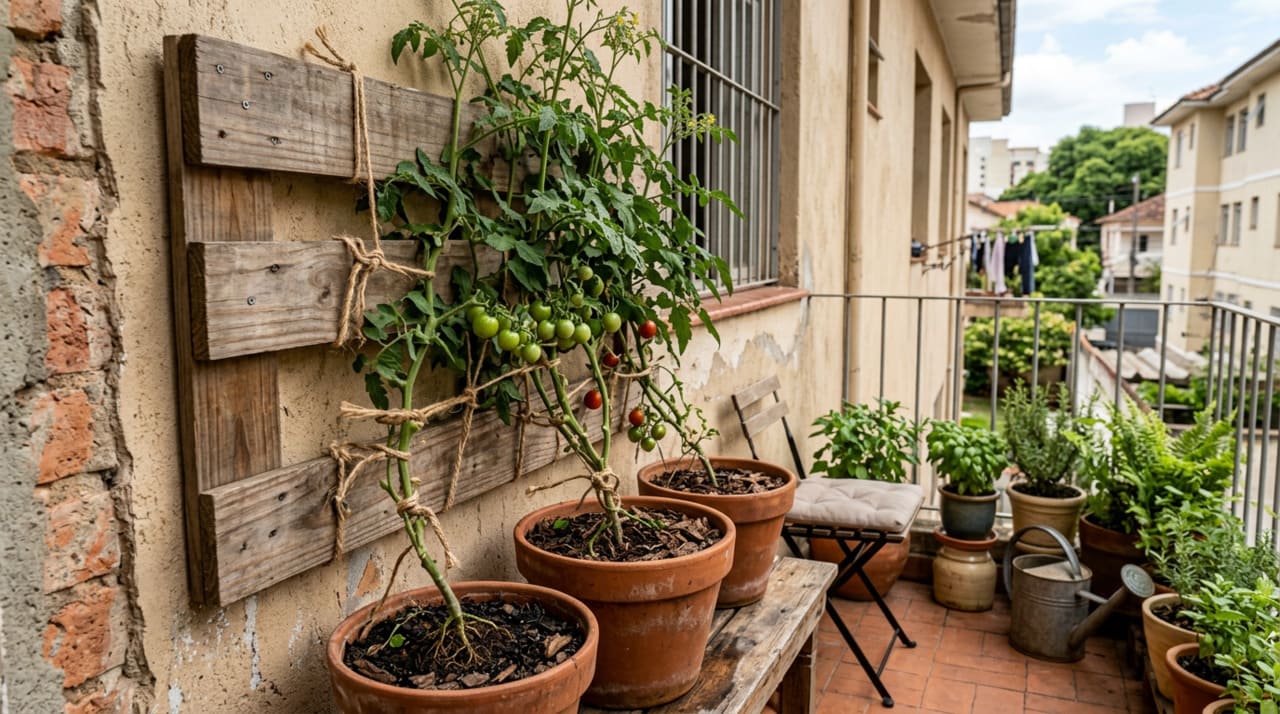 O painel de madeira para cultivo de tomate na varanda não precisa ser elaborado nem caro