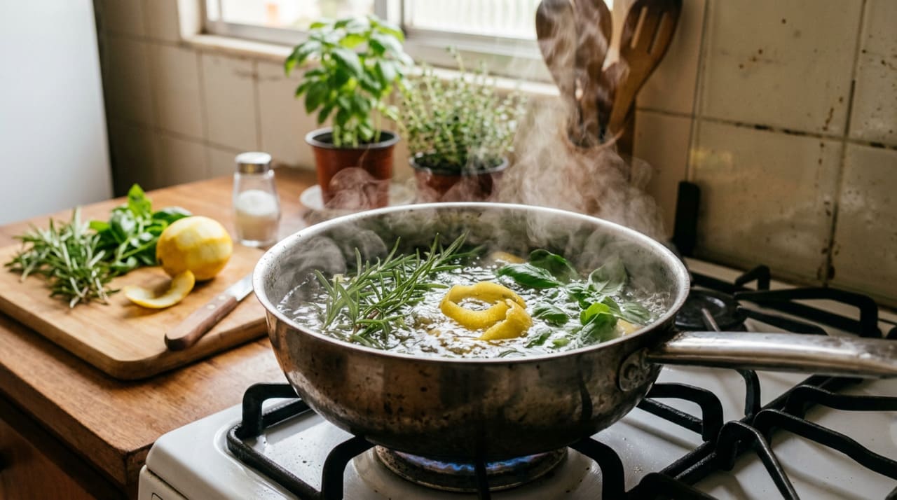 A sinergia entre o alecrim antisséptico, o manjericão purificador e o limão cítrico cria um neutralizador de odores potente.