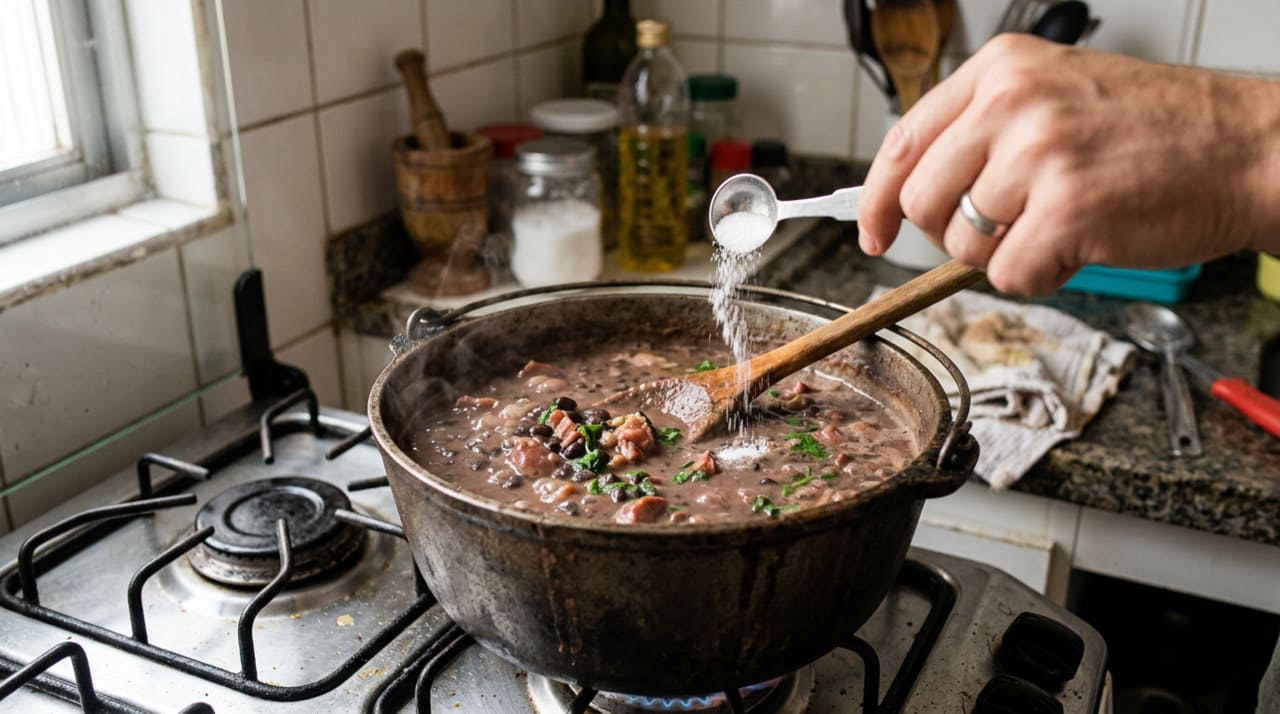 O momento ideal de adicionar o sal no feijão é quando o grão já está macio por dentro mas o cozimento ainda não terminou completamente.