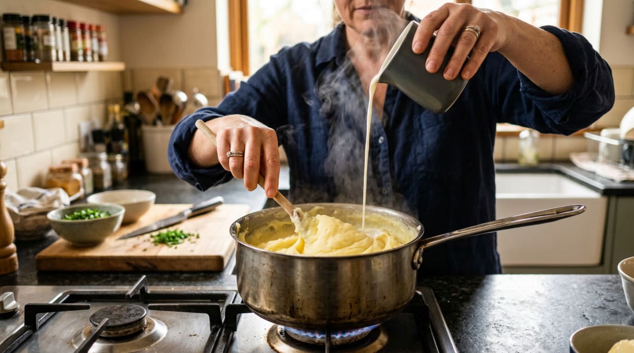 Leite na água do purê de batata: o que acontece quando ele é colocado ainda fervendo durante o preparo