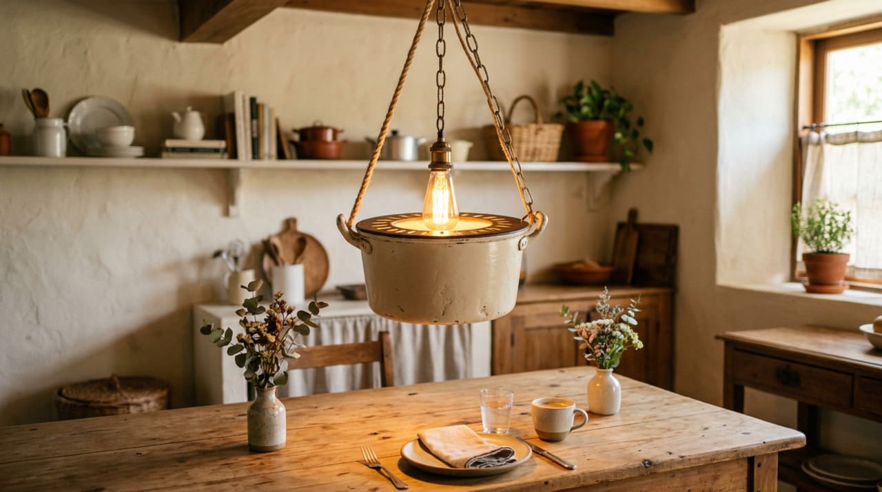 Uma ideia muito procurada é usar a panela como cúpula para uma luminária pendente