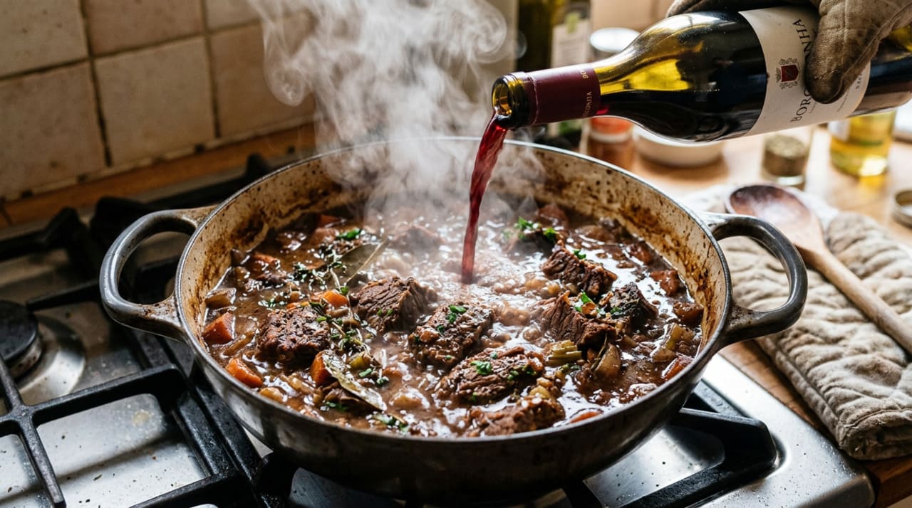O caldo de carne entra como complemento para dar volume ao líquido de cozimento sem diluir o sabor