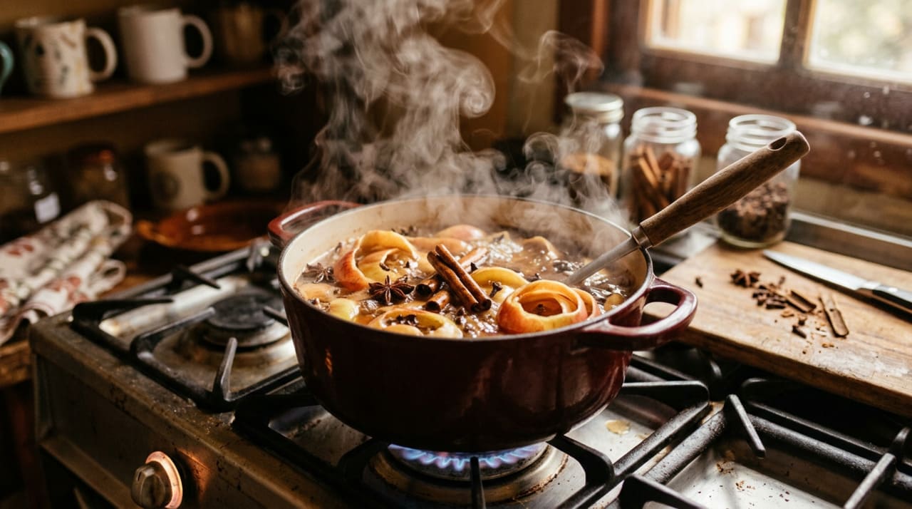 Quando você ferve casca de maçã com canela em pau e cravo-da-índia, a água quente libera vapores com óleos aromáticos que se espalham pelos cômodos.
