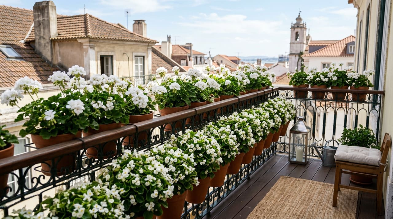O uso de flores com tons claros como os gerânios brancos cria um contraste luminoso que afeta diretamente a visão das aves durante o vôo de aproximação ao local