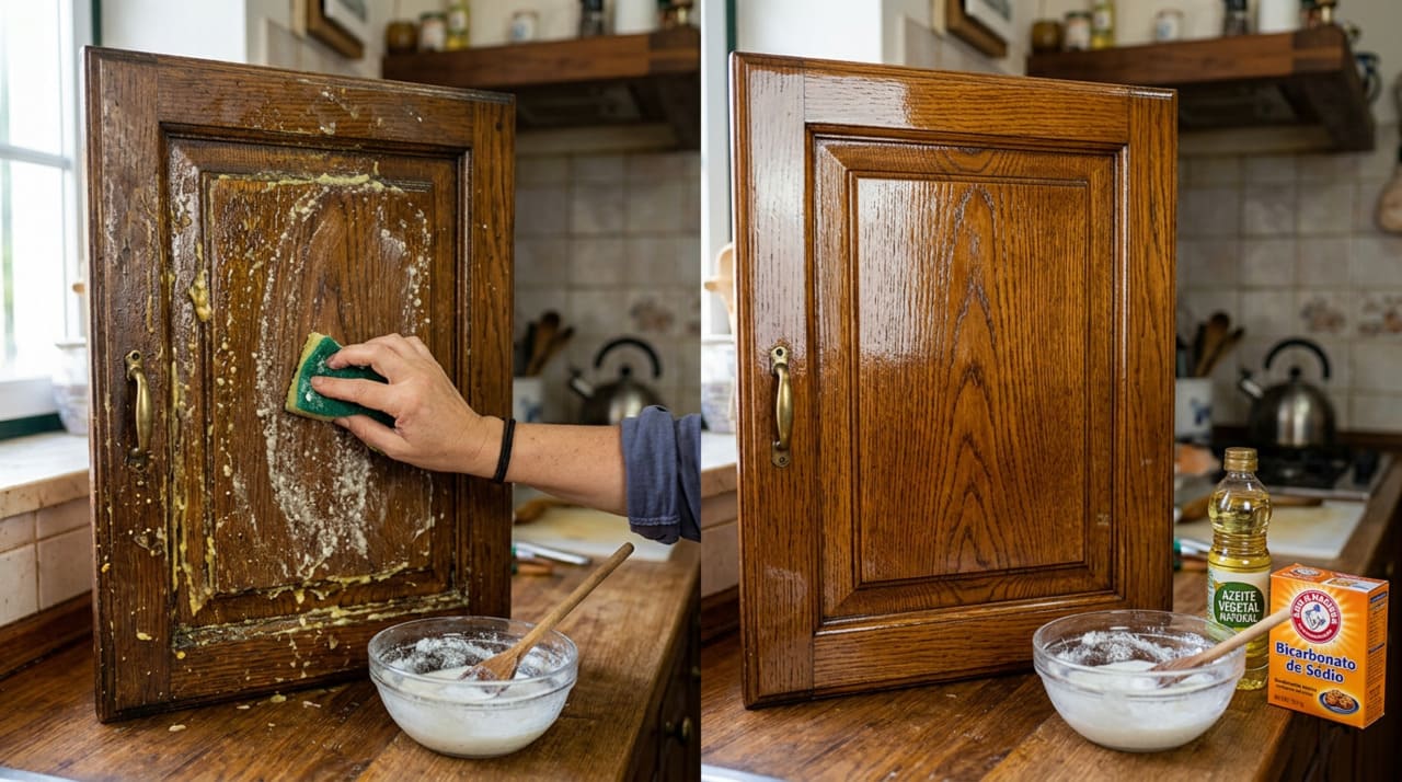 Eu molho um pano na solução e limpo os armários da cozinha. O resíduo de gordura desaparece imediatamente