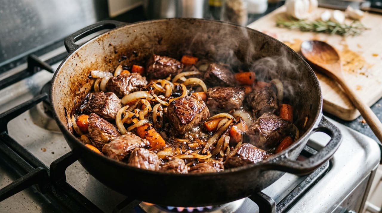 O caldo de carne entra como complemento para dar volume ao líquido de cozimento sem diluir o sabor