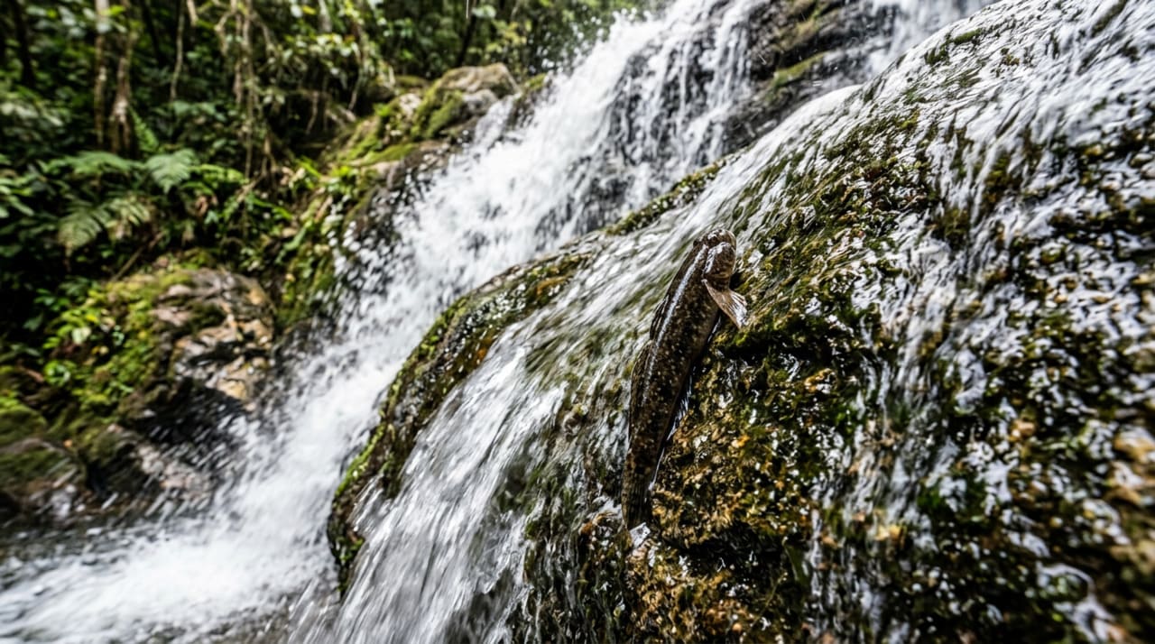 A espécie Parakneria thysi, conhecida em algumas regiões da África Central como “kalumba”, vive em cursos d’água turbulentos, marcados por corredeiras e quedas íngremes.