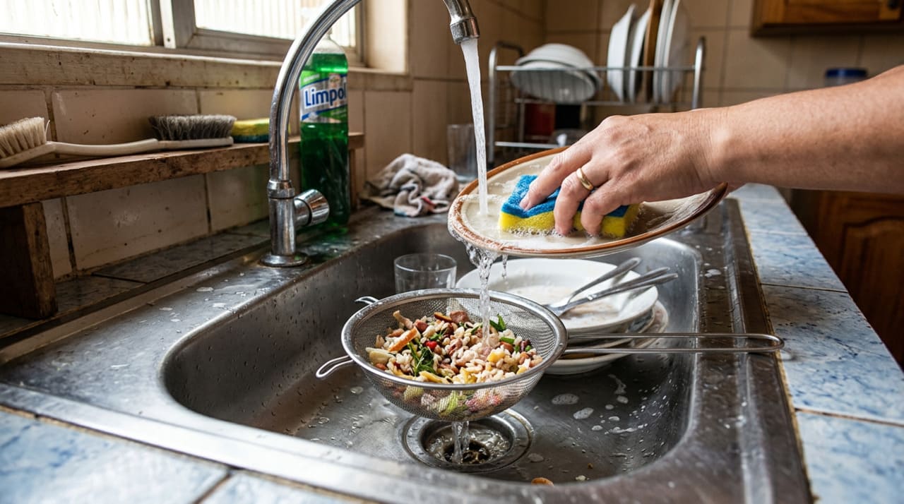 Na maioria das vezes, o entupimento é causado pela combinação de gordura, restos de comida e pequenas sujeiras que grudam nas paredes do cano.