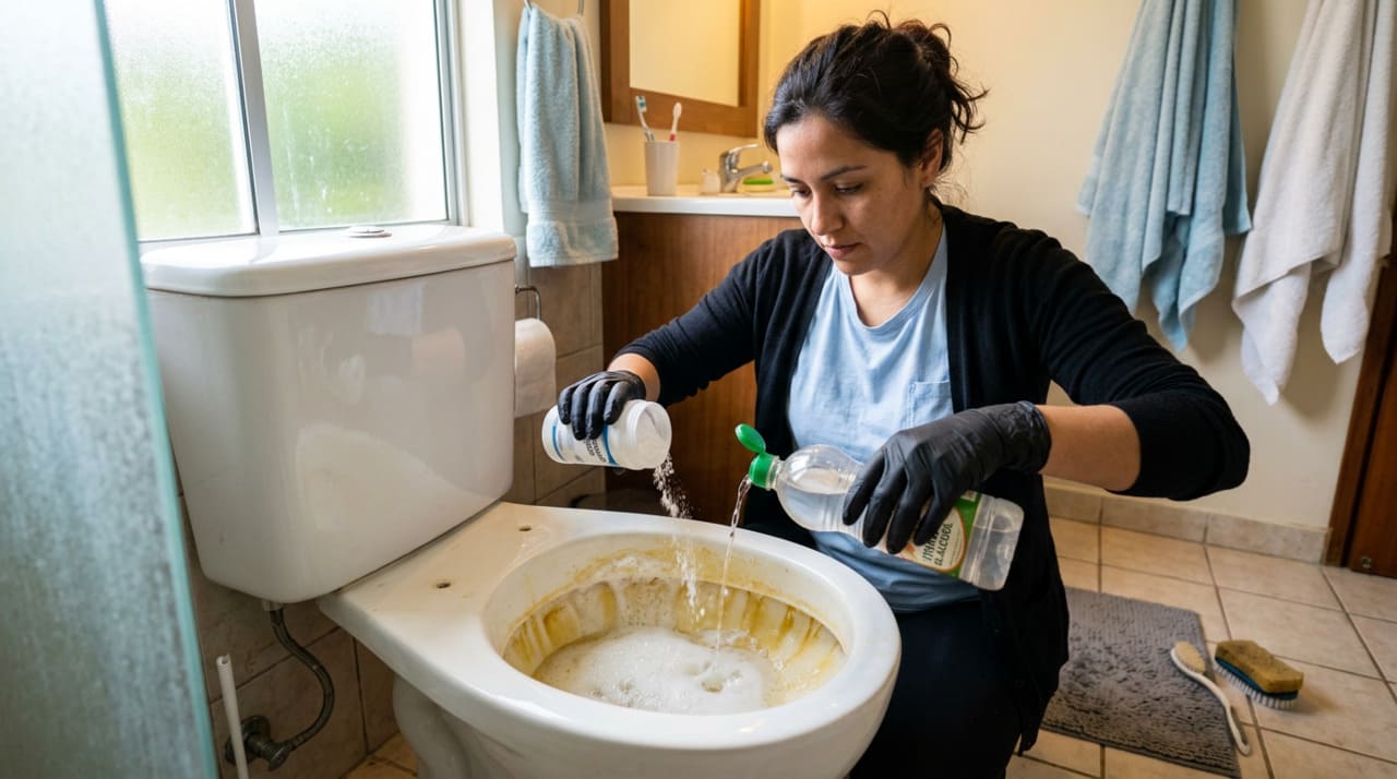 Essas manchas amareladas ou escurecidas costumam ser um pacote de calcário da água, restos de urina, sais minerais e até ferrugem da tubulação