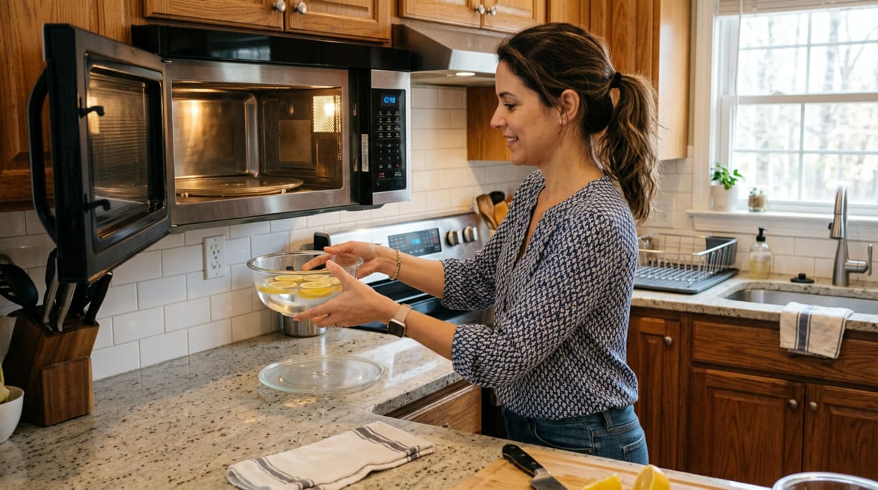 A limpeza do micro-ondas com limão e água aproveita o calor do aparelho para transformar a mistura em vapor.