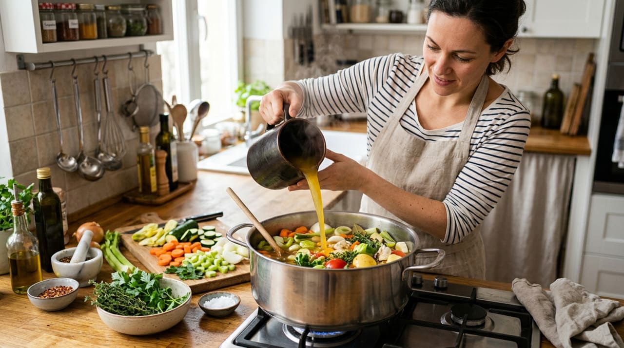 O toque final que separa um caldo comum de um caldo extraordinário é a adição de uma pequena quantidade de molho de soja branco