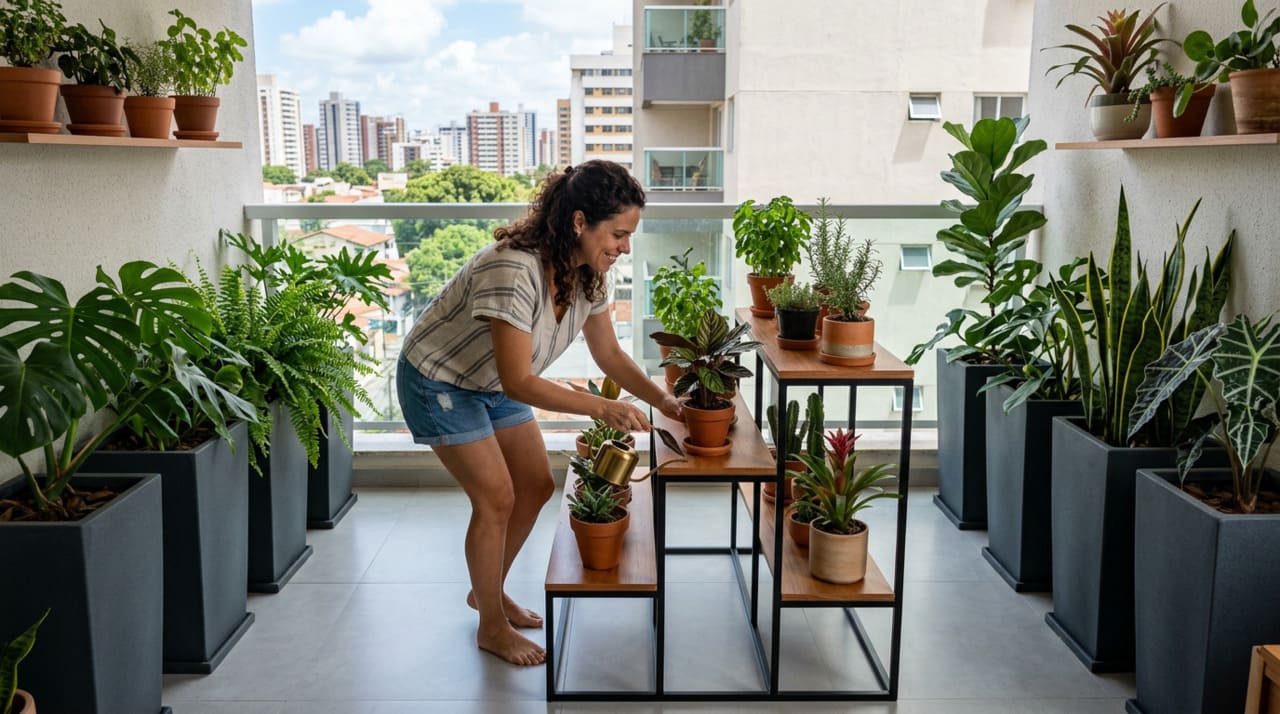 Em apartamentos menores, cada centímetro conta, e vasos grandes no piso acabam ocupando área útil de circulação.