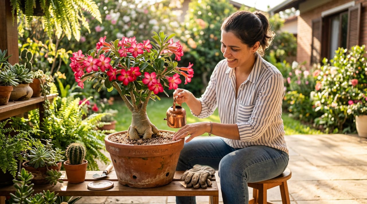 A rega é, sem dúvida, o cuidado com plantas mais crítico para quem cultiva a rosa do deserto.
