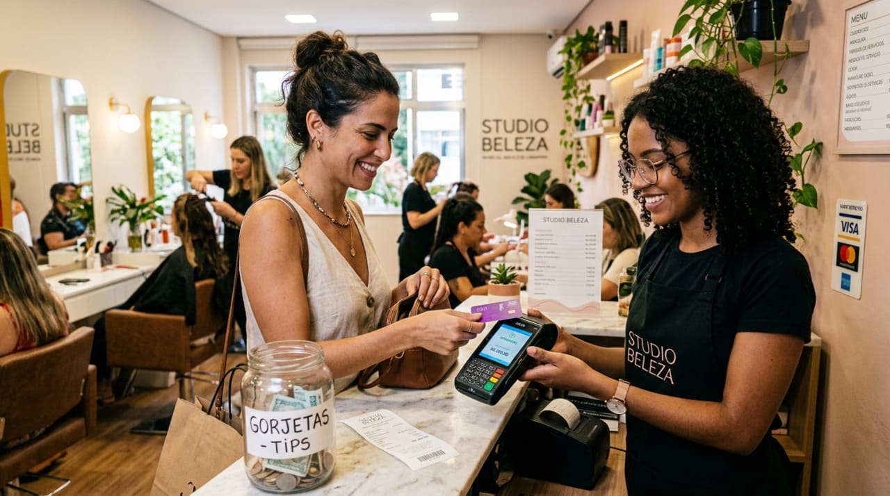 Na prática, o montante de gorjeta no salão de beleza costuma girar em torno de uma faixa percentual sobre o valor total da conta
