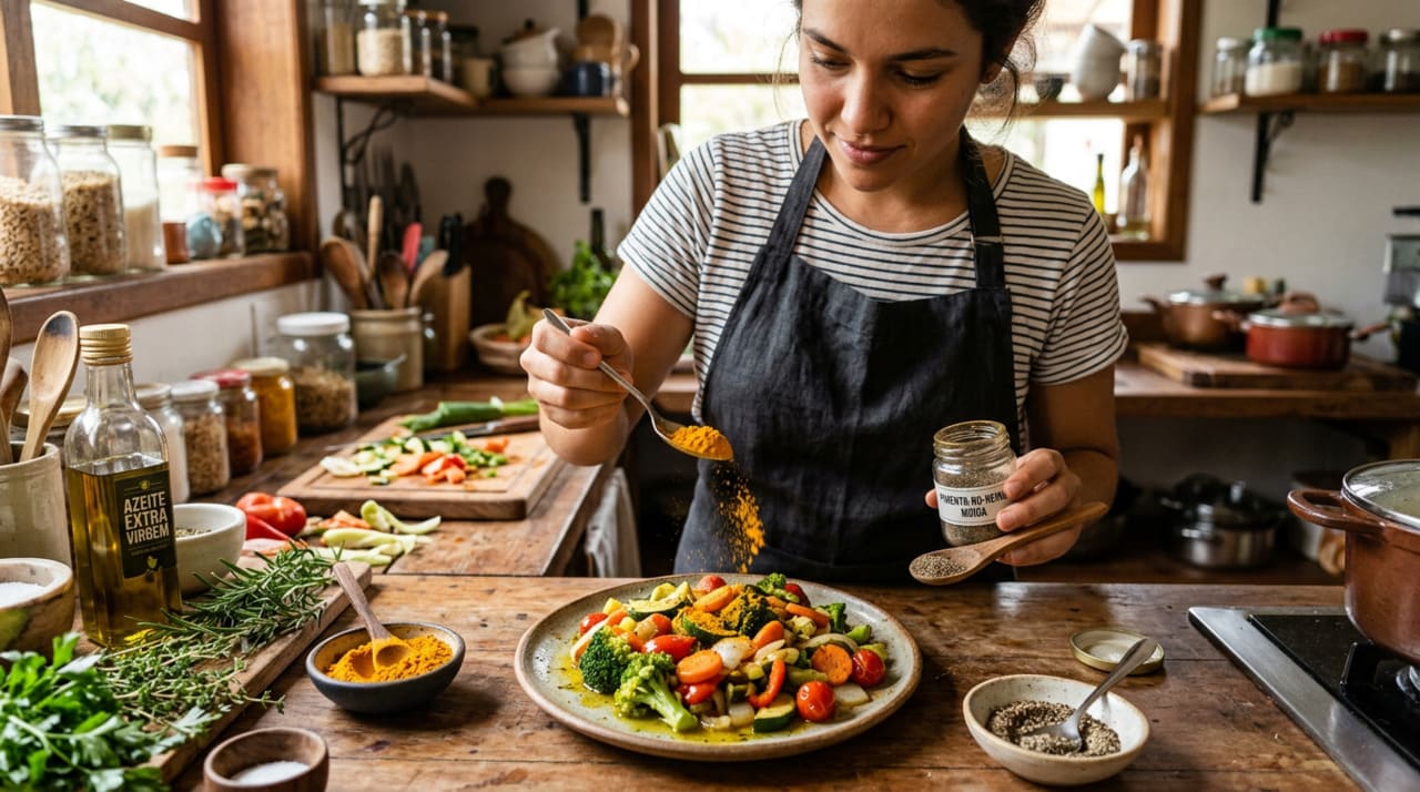 A pimenta-do-reino é lembrada nessa mistura porque contém piperina, substância associada ao aumento da biodisponibilidade da curcumina
