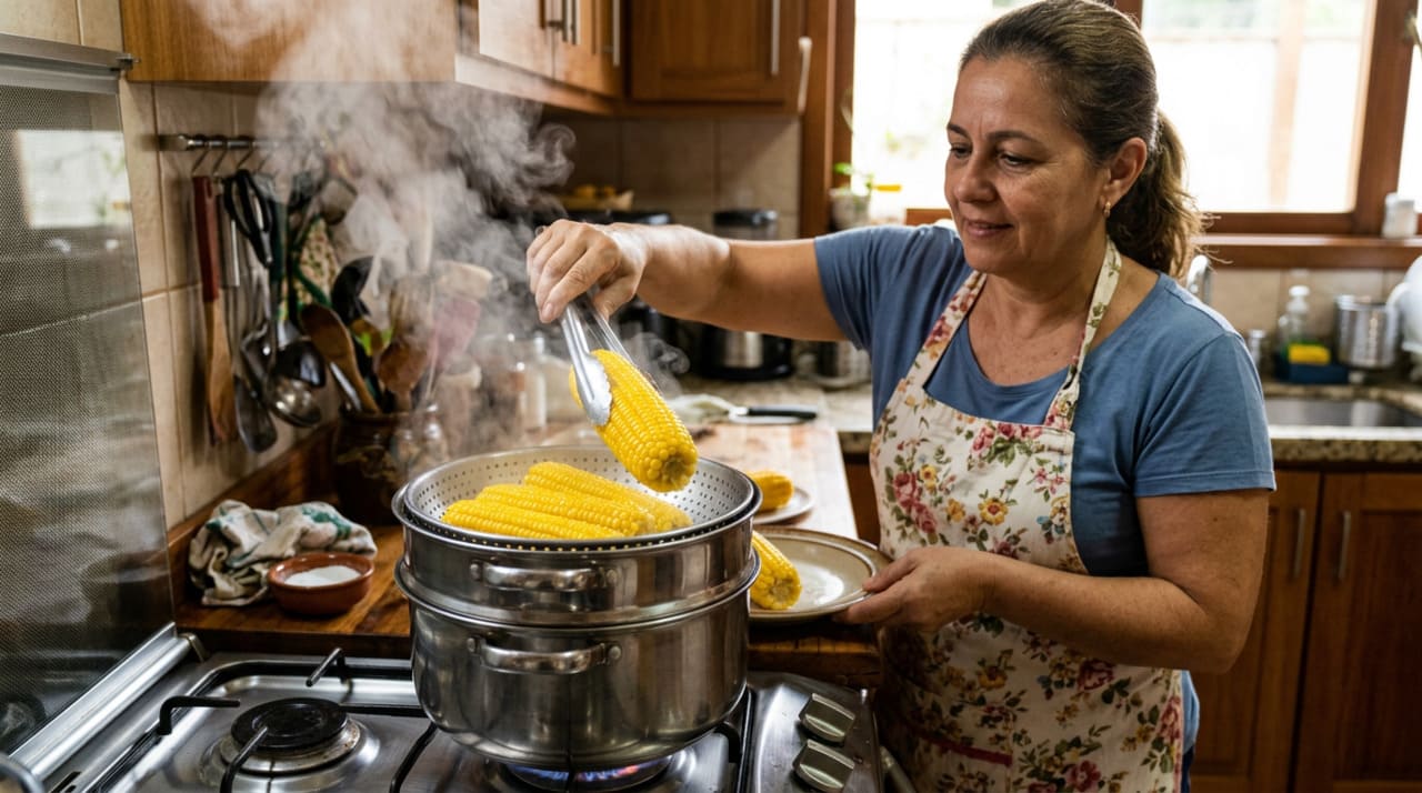 No cozimento a vapor, o milho não entra em contato direto com a água em nenhum momento