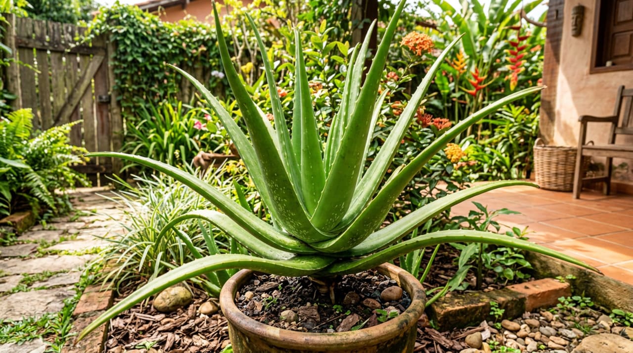 Uma babosa saudável tem folhas firmes, suculentas, com coloração verde intensa e superfície levemente acinzentada ou com pequenas manchas esbranquiçadas naturais.