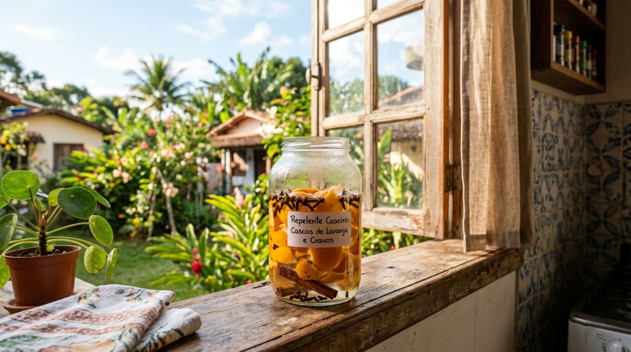 A combinação de casca de laranja com cravo-da-índia funciona porque libera um aroma constante no ar que incomoda os insetos.