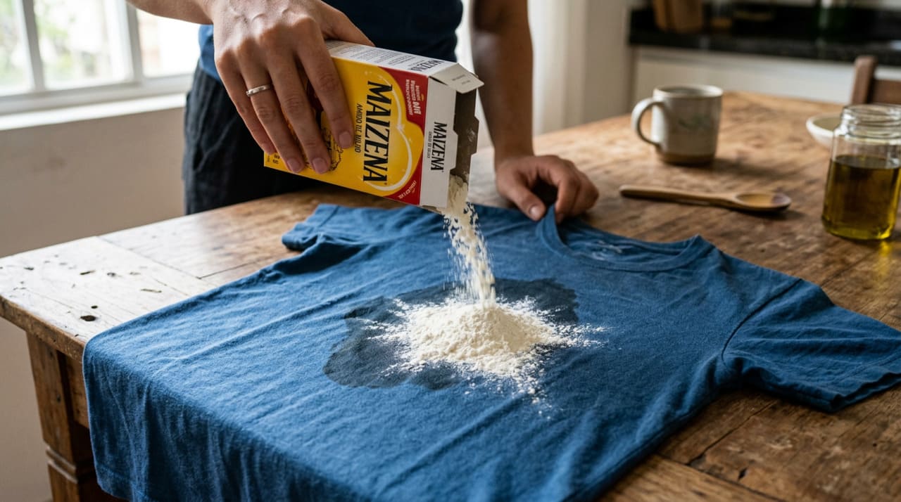 O amido de milho ajuda a tirar mancha de óleo na roupa porque absorve muito bem a gordura.