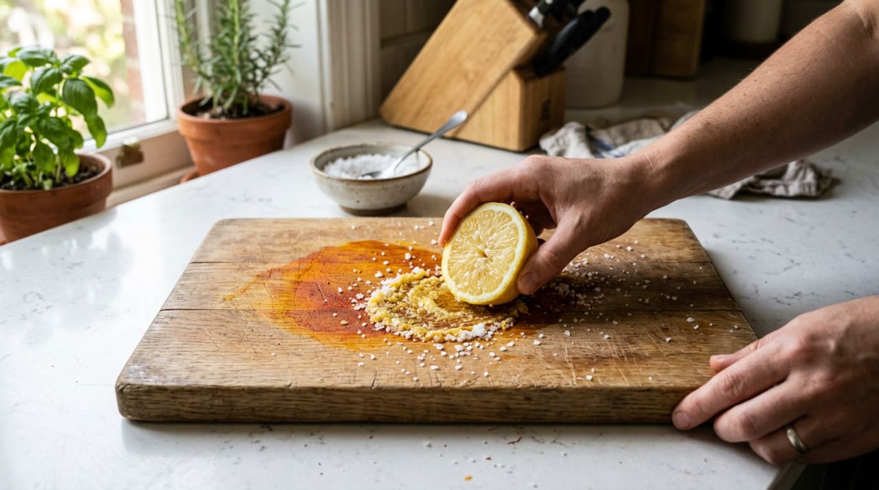 A tábua de madeira é porosa e absorve o pigmento do açafrão com rapidez, o que faz a cor amarelo-alaranjada parecer definitiva