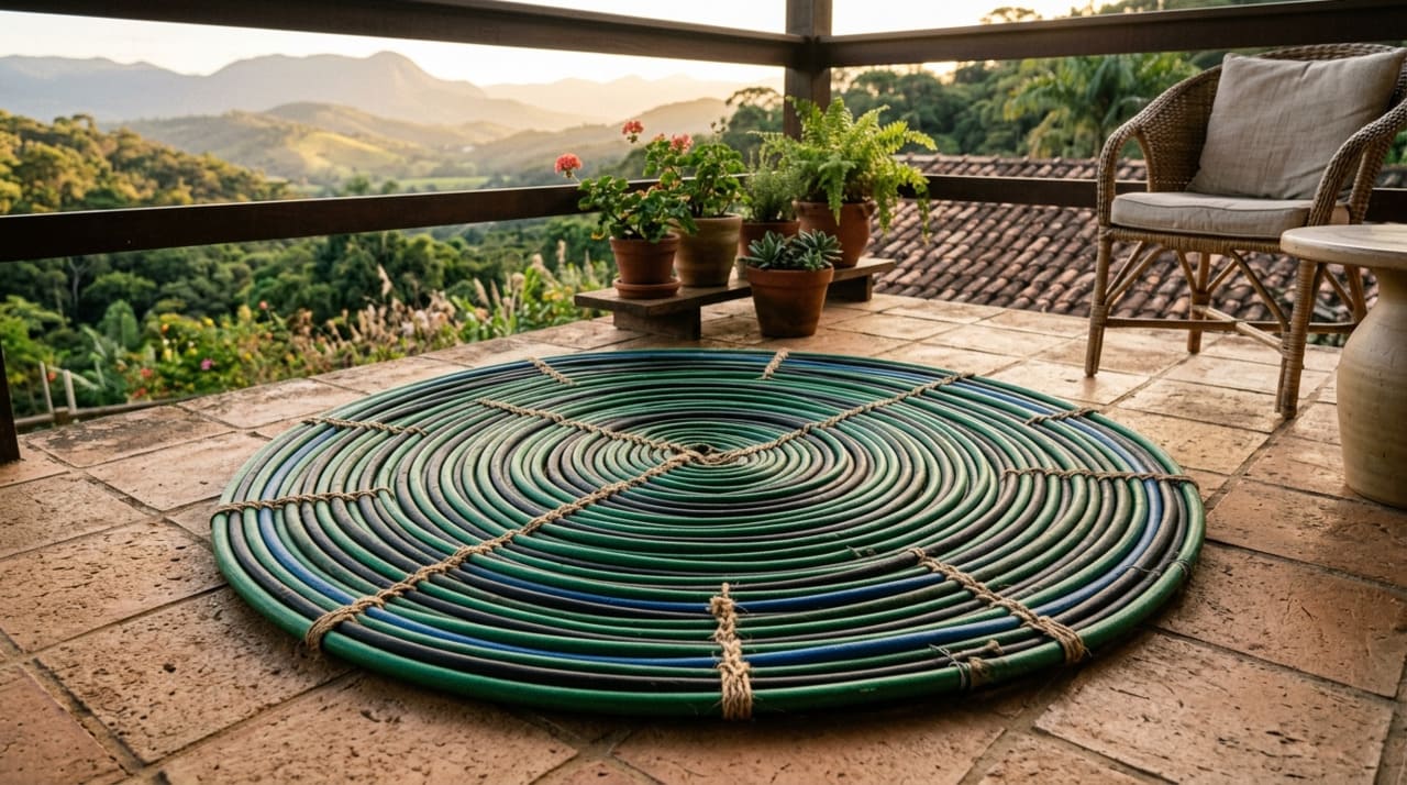 Uma das formas mais funcionais de reaproveitar a mangueira quebrada é transformá-la em um tapete para ambientes externos.