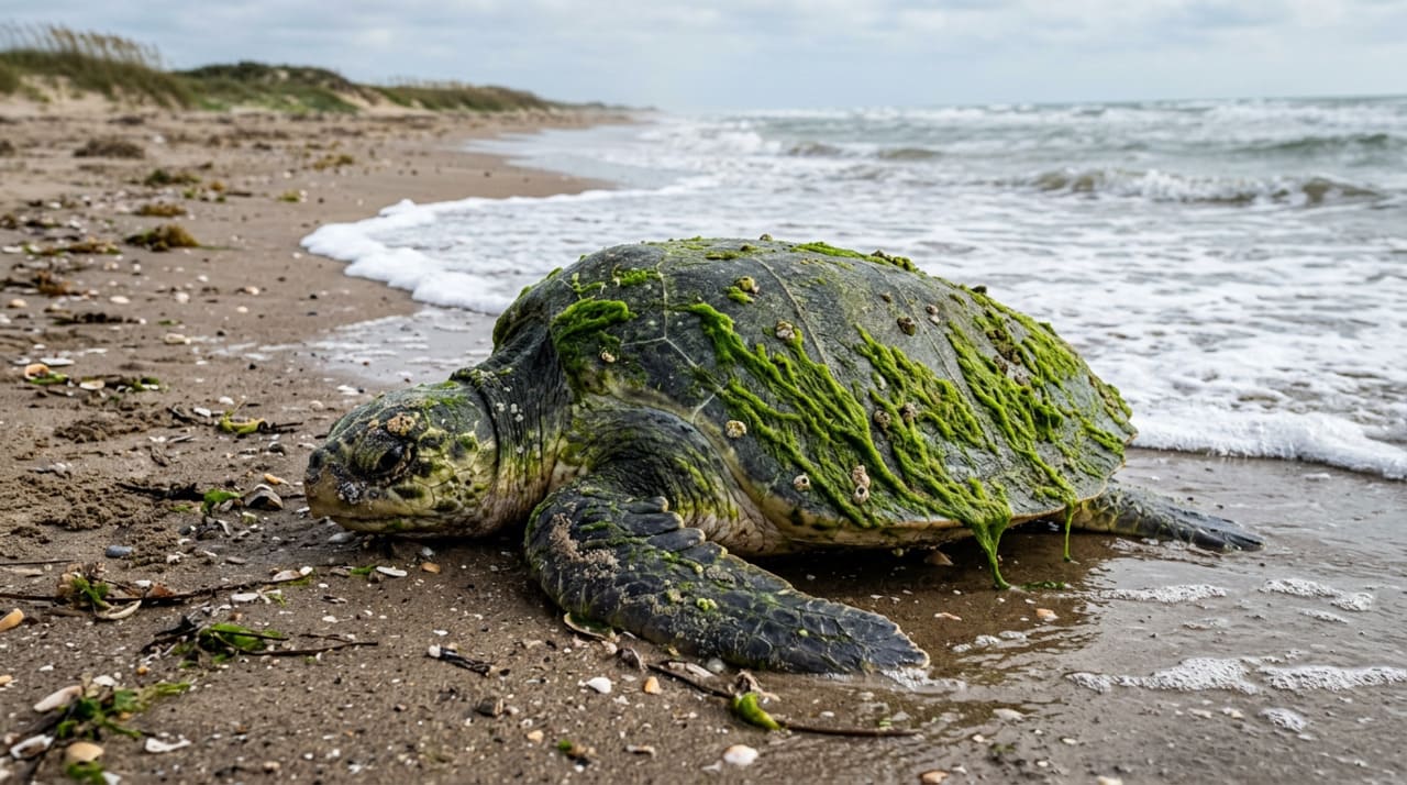 O litoral da Ilha de Mustang tornou-se cenário de uma surpresa biológica significativa quando um pesquisador local avistou um organismo coberto por uma densa camada de algas verdes