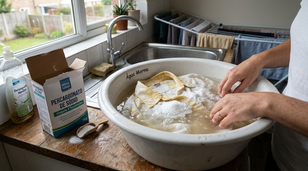 O percarbonato de sódio é a combinação de carbonato de sódio com peróxido de hidrogênio em forma de pó.