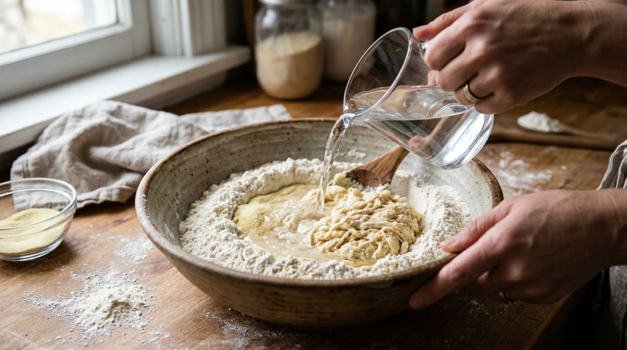A temperatura da água gelada não é um detalhe estético na receita, é uma decisão técnica com efeito direto na estrutura da massa.