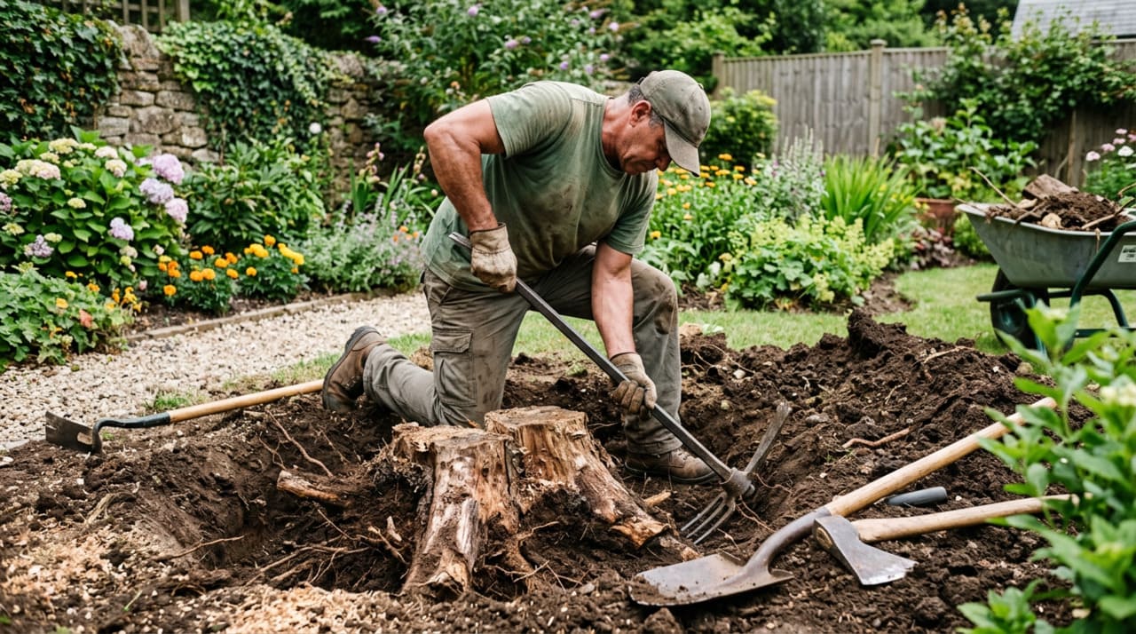 No método tradicional, você cava em volta do toco, expondo e soltando as raízes até conseguir fazer o tronco ceder