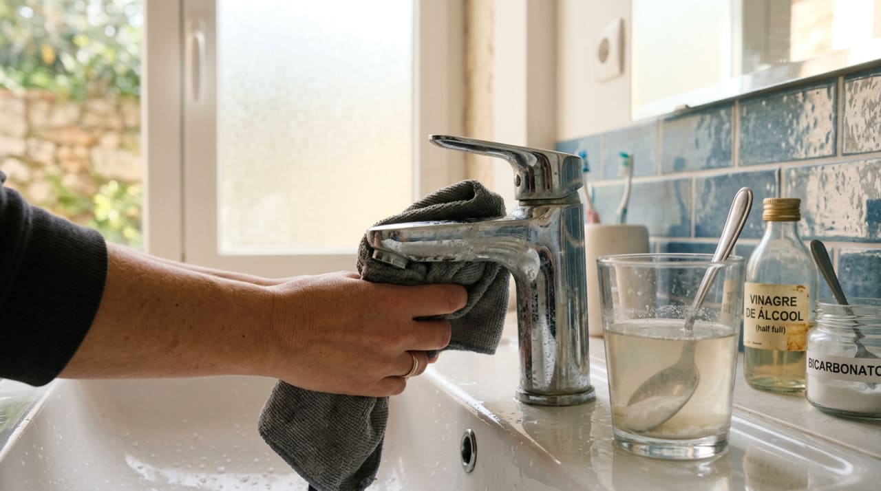 O calcário que aparece nas torneiras, pias e boxes é, na prática, carbonato de cálcio, um mineral presente na água que fica para trás quando a água evapora