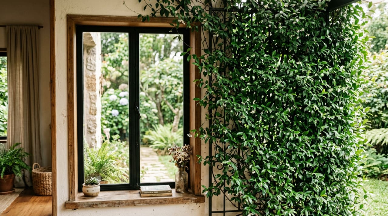 A trepadeira funciona como um painel vivo diante do vidro: as folhas interceptam a luz do sol e usam parte dessa energia em processos como a fotossíntese