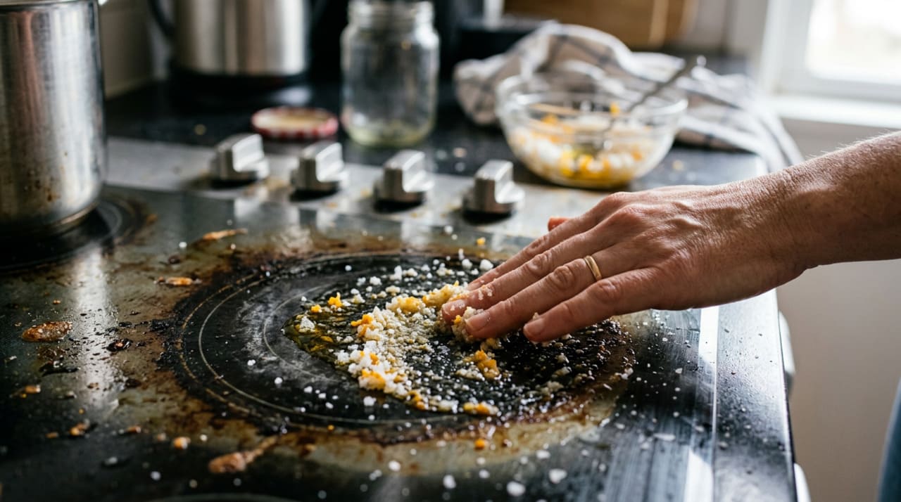 Na cozinha, esse truque funciona especialmente bem na remoção de gordura acumulada em forno, grades, panelas e respingos antigos no fogão
