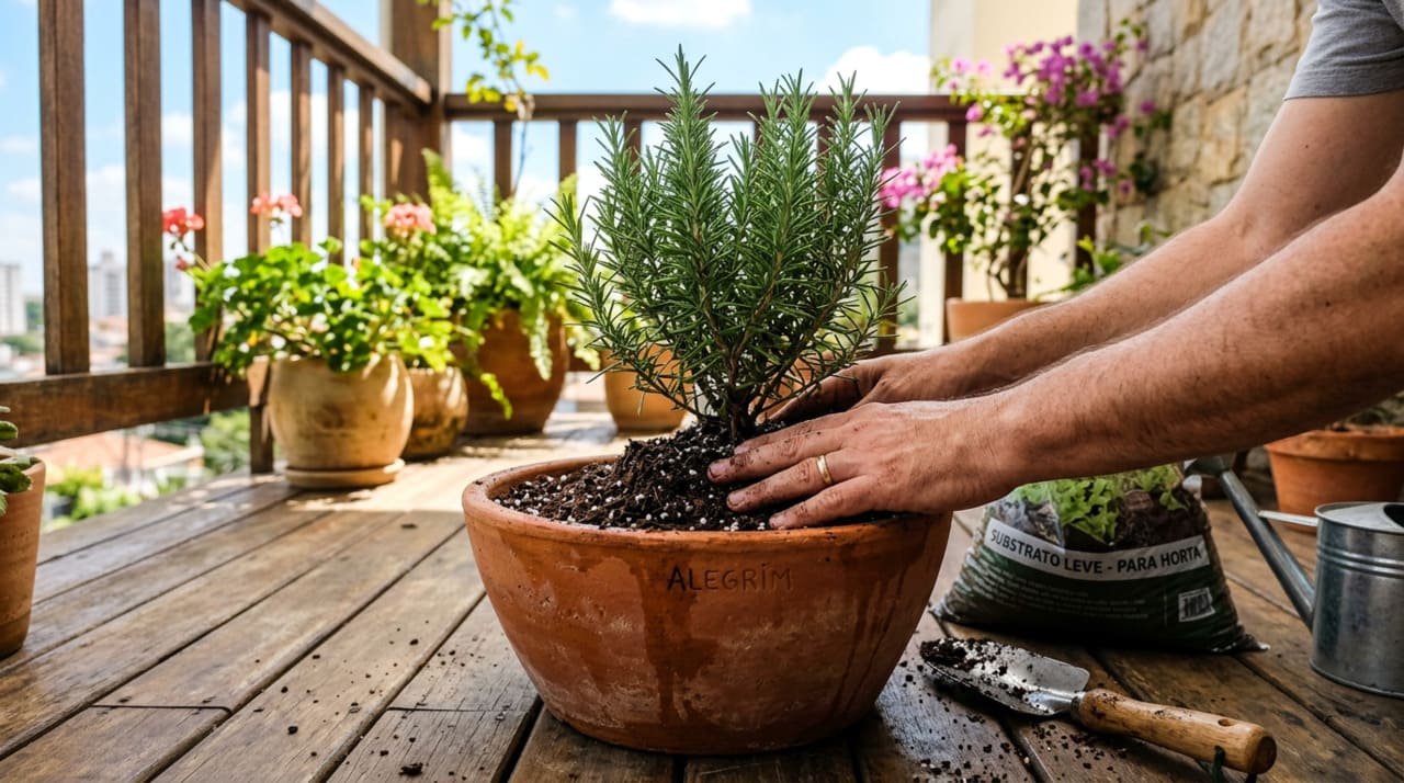 Com a drenagem correta resolvida, a rega do alecrim se torna quase automática