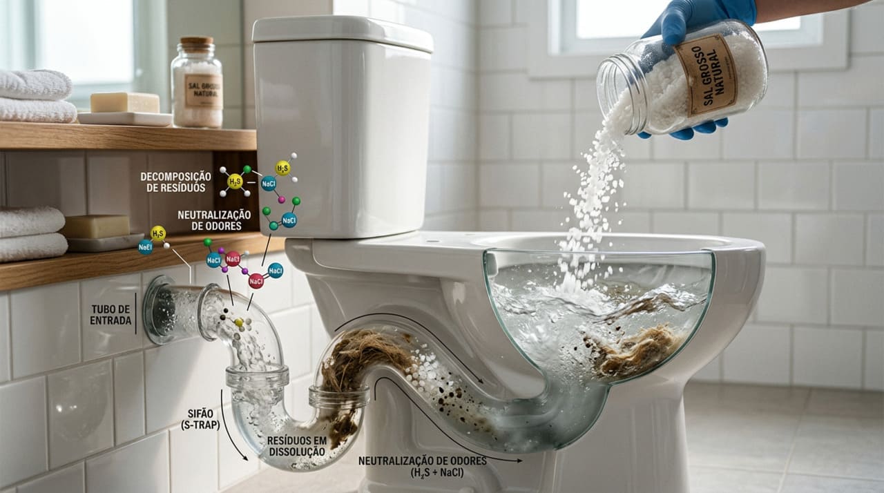 O sal de cozinha possui propriedades que auxiliam na quebra de gorduras e na remoção de crostas que se formam naturalmente no interior dos canos ao longo do tempo