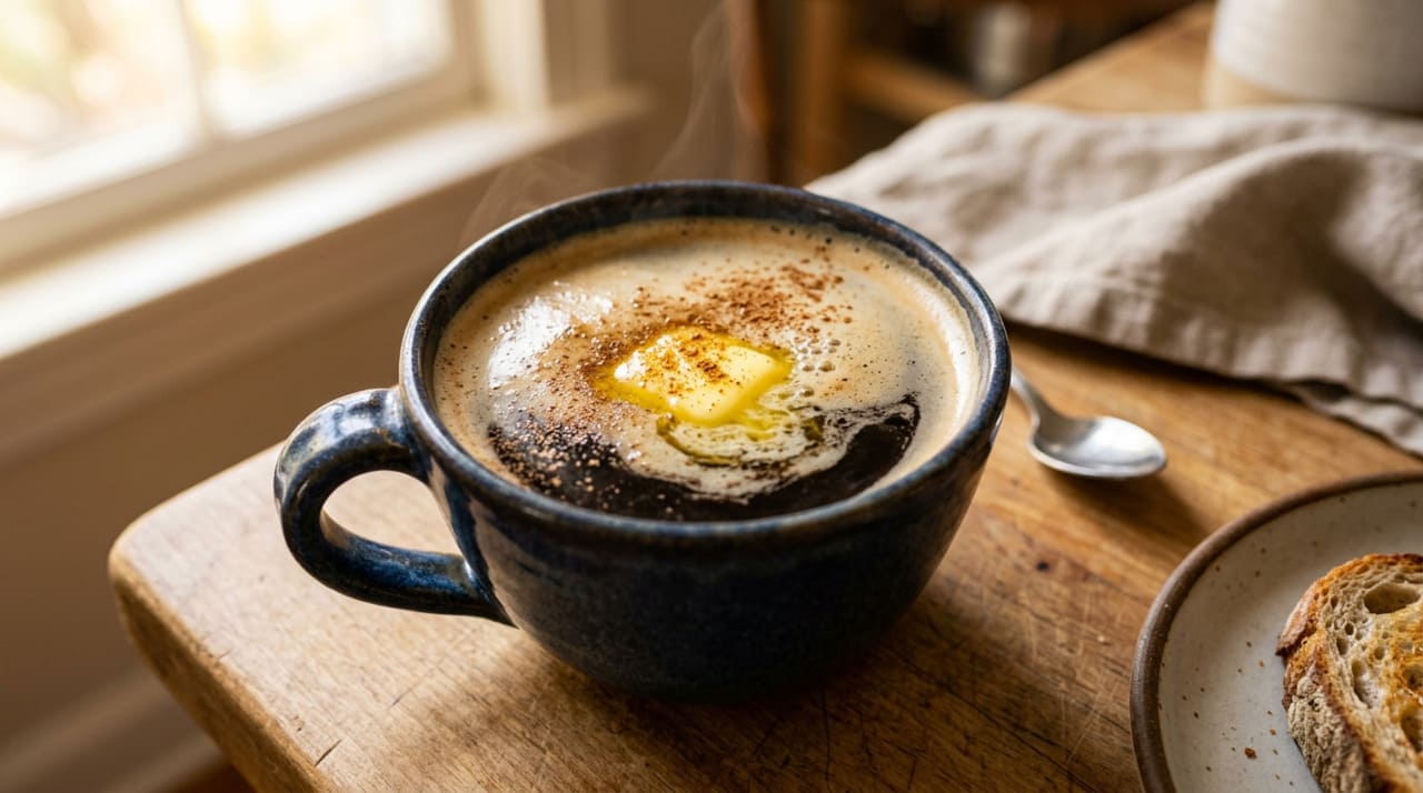 A manteiga no café entra como uma dose concentrada de gorduras que o corpo digere mais devagar do que pães e bolos