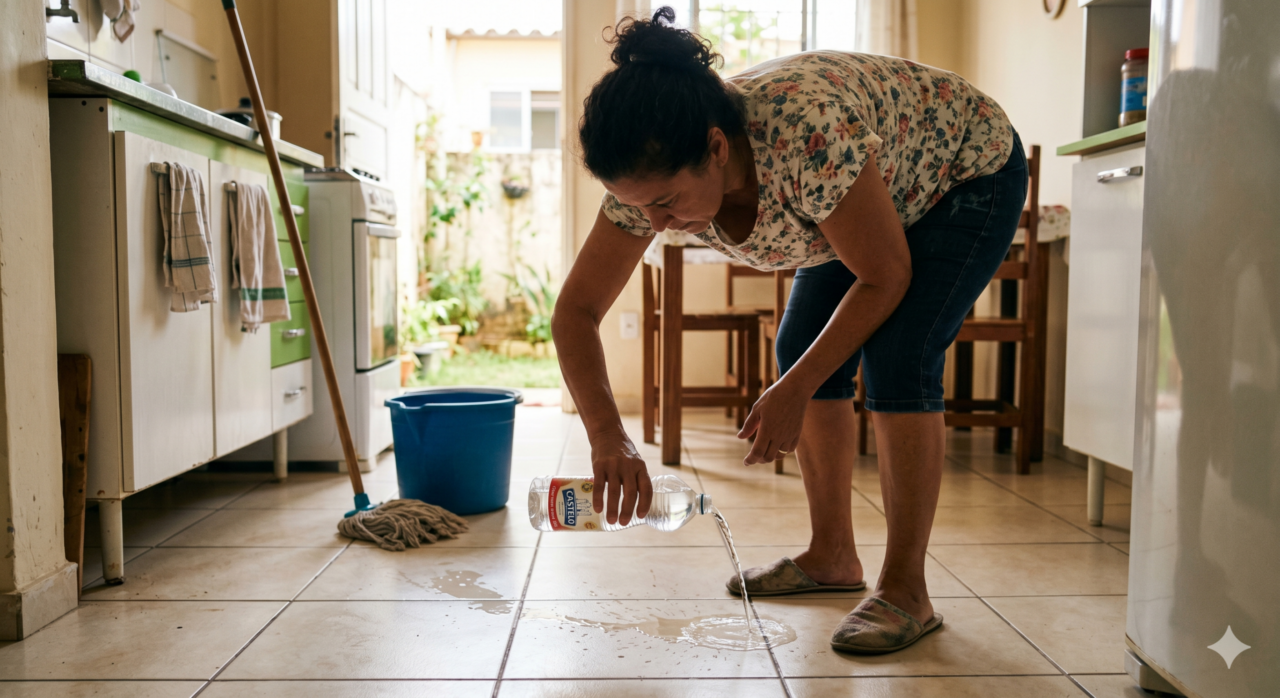 Vinagre sendo usado para limpar o chão