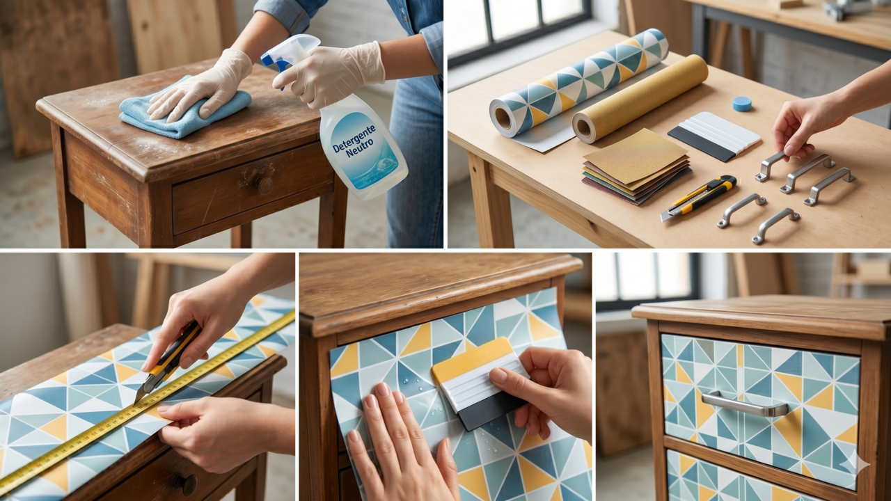 Quer renovar móveis sem tinta? Veja como usar adesivos e técnicas simples para transformar peças antigas com baixo custo.
