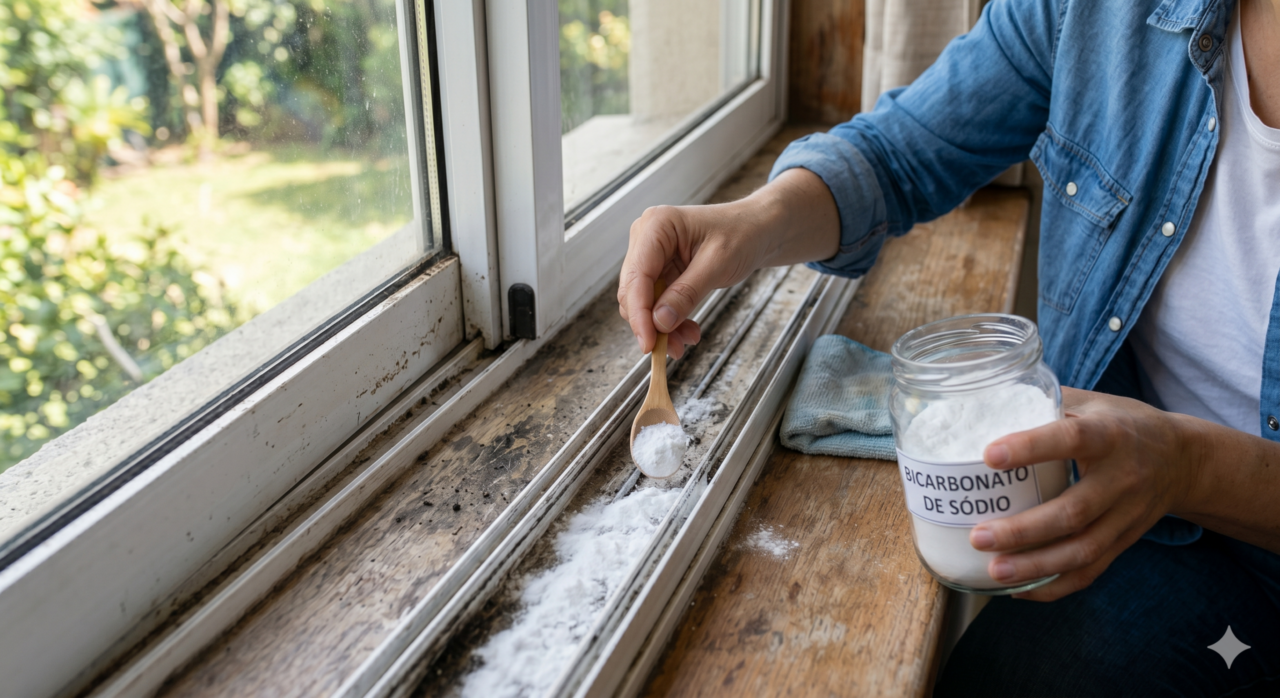 Limpe trilhos de janela com bicarbonato de sódio e papel filme