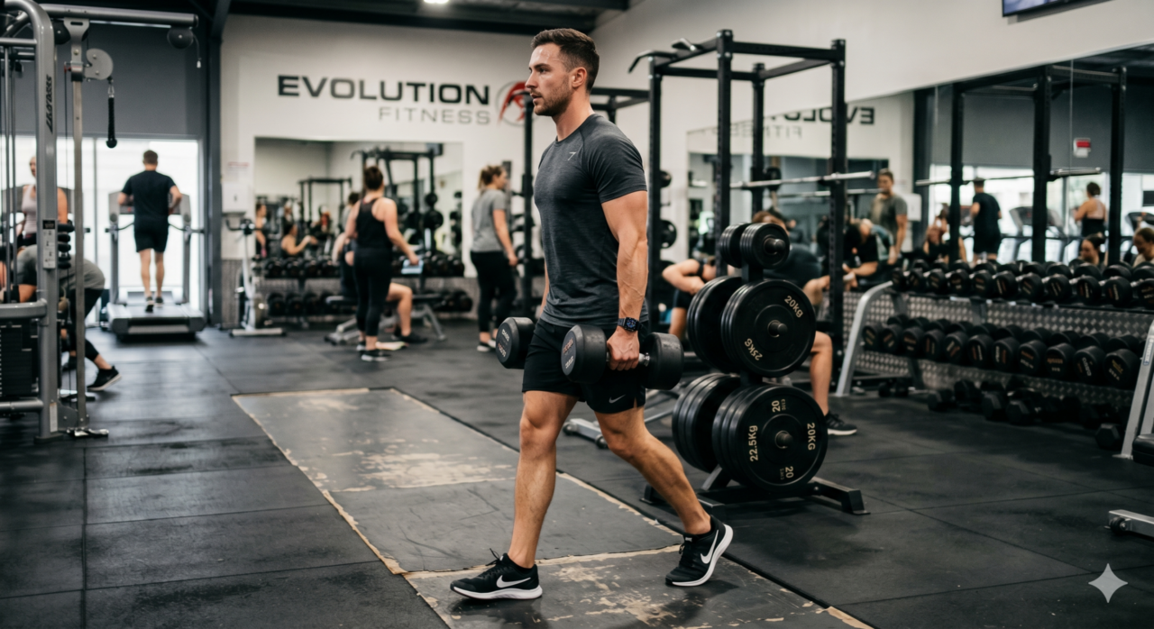 Caminhada do fazendeiro: fortaleça core, postura e força de agarre com um exercício funcional simples, completo e fácil de adaptar.