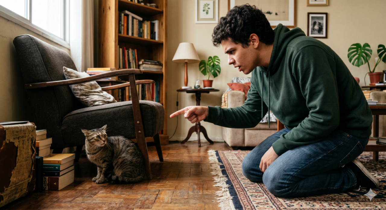 Faça a imagem do dono apontando para o seu gato e repreendendo ele