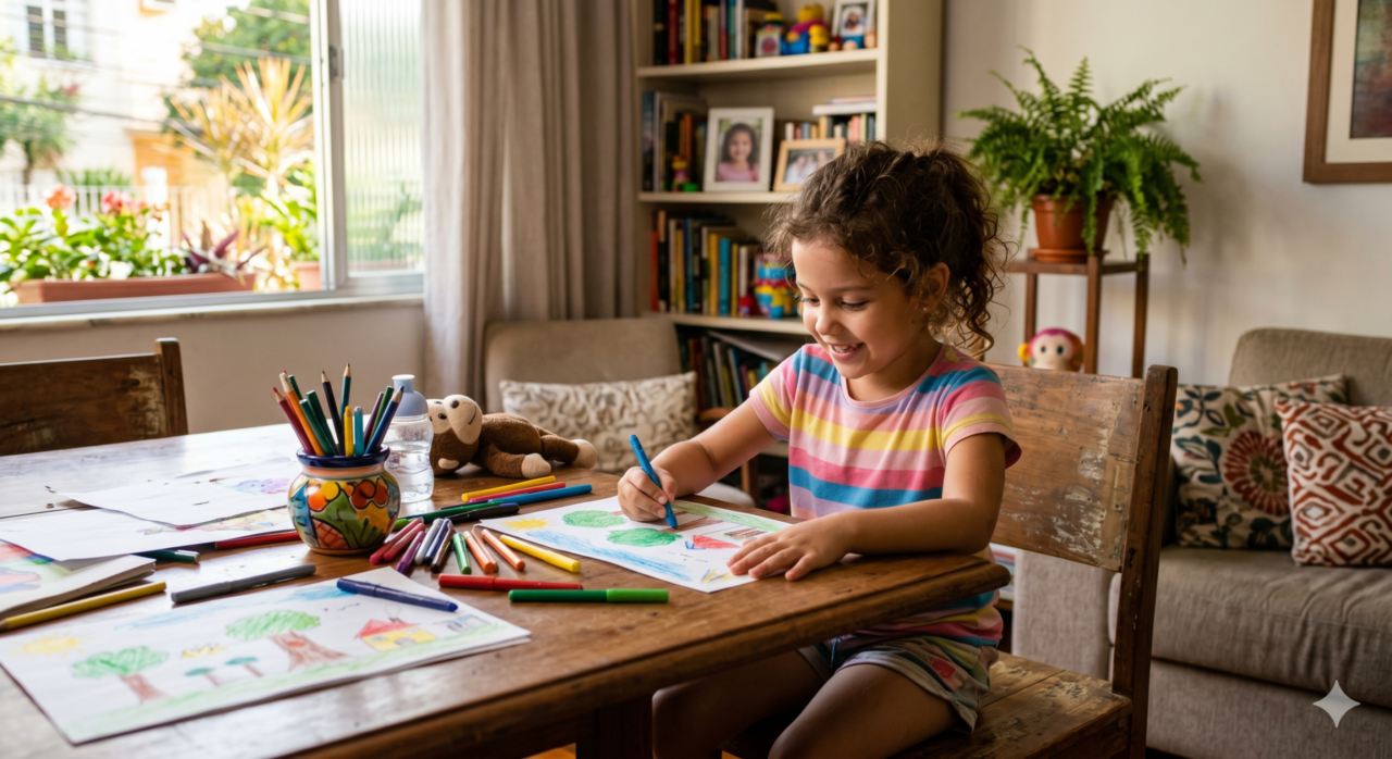 Criança desenhando em casa