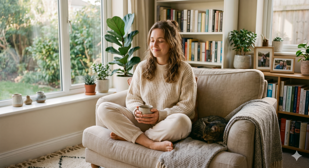 Jovem meditando em casa buscando paz interior