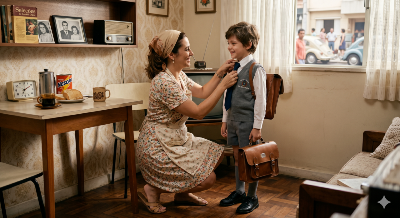 Mãe arrumando seu filho para ir a escola