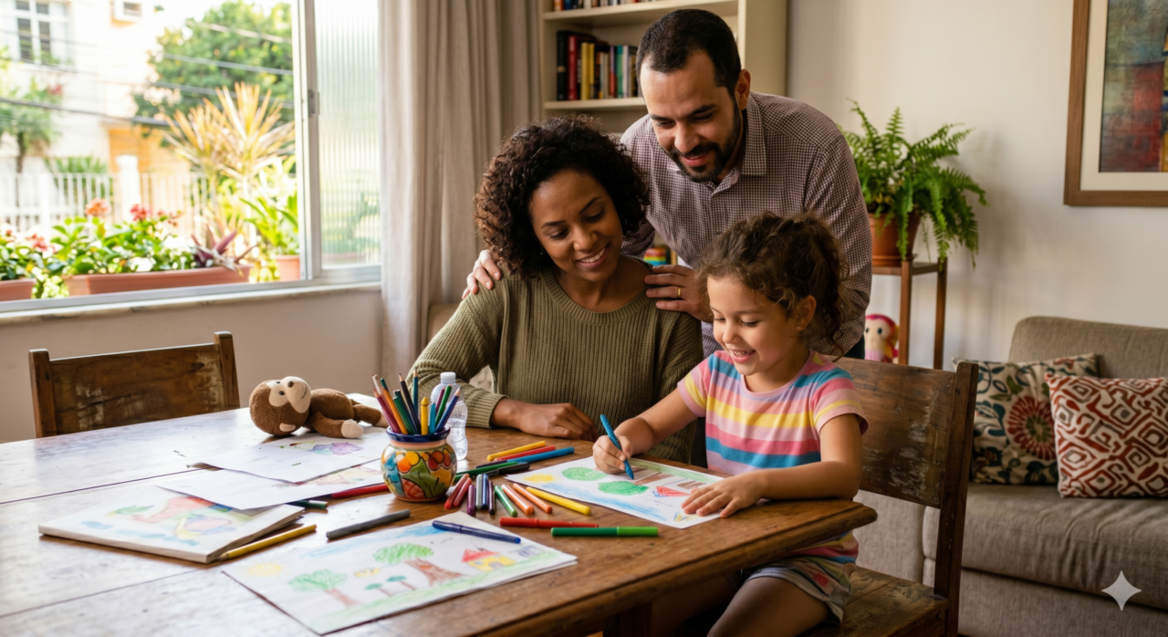 Pais acompanhando sua filha durante o seu desenho